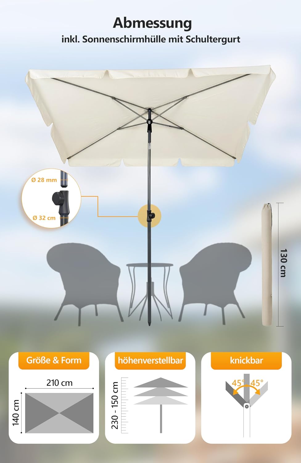 4smile Sonnenschirm Balkon im Set – Sonnenschirm rechteckig 210×140 cm, UV 50+ Sonnenschutz Balkon,