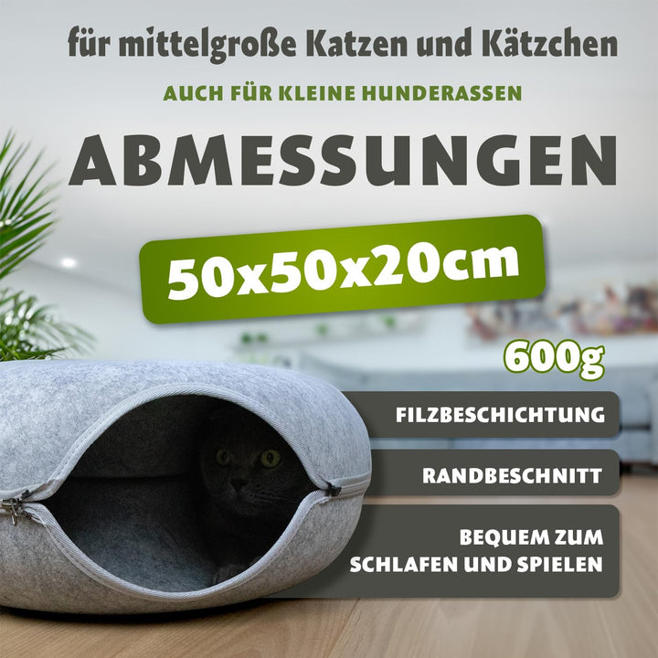 Katzentunnel Katzenhöhle Katzen Donut, Masse 50x50x20cm, Farbe: Grau,aus Filz gefertigt, runde Form,