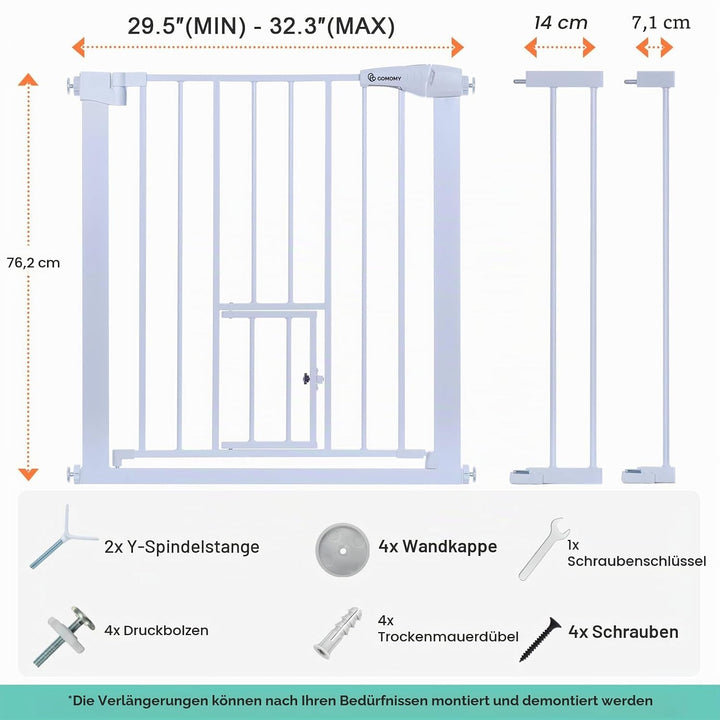 COMOMY Türschutzgitter mit Katzenklappe, 75-103cm Treppenschutzgitter ohne Bohren für Hunde und Katz