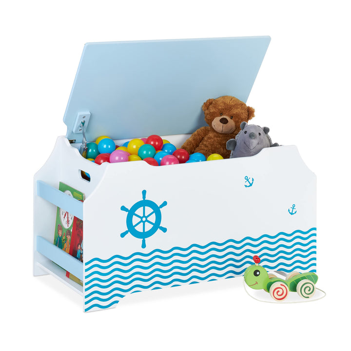 Relaxdays Spielzeugtruhe Seemann, Spielzeugkiste mit Deckel, HBT: 46 x 84 x 42,5 cm, Bücherfach, Spi
