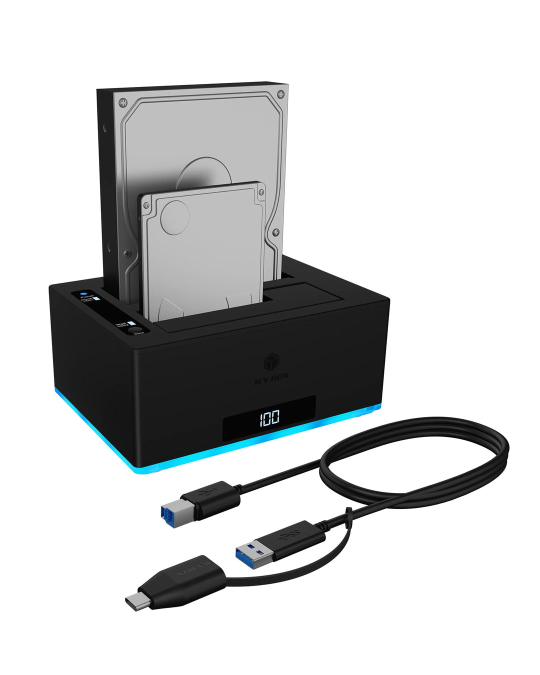ICY BOX USB 3.0 2-Fach Festplatten Docking Station für 2,5" und 3,5" SATA HDD/SSD, RGB, Offline-Klon