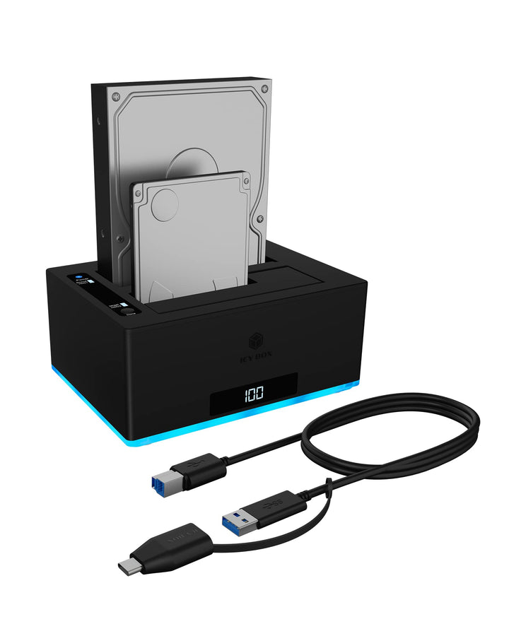 ICY BOX USB 3.0 2-Fach Festplatten Docking Station für 2,5" und 3,5" SATA HDD/SSD, RGB, Offline-Klon