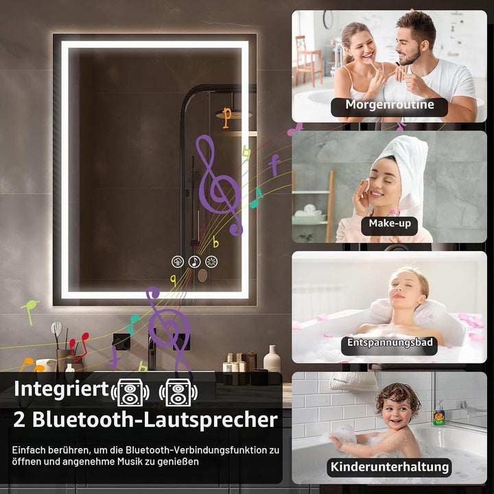 Simusi Bluetooth Badspiegel mit Beleuchtung LED, 60x80cm Spiegel mit Light, Wandspiegel mit Frontbel