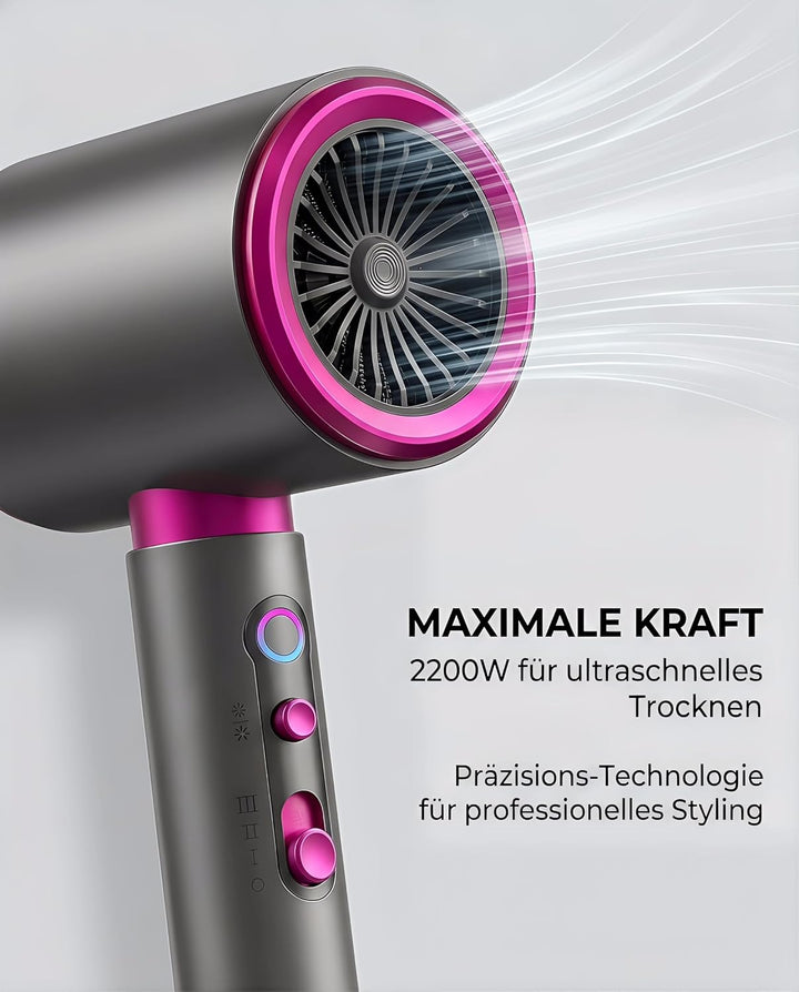 2200W Ionen-Haartrockner mit Diffusor Konzentrator Reiseföhn | 3 Temperaturen, 2 Geschwindigkeiten,
