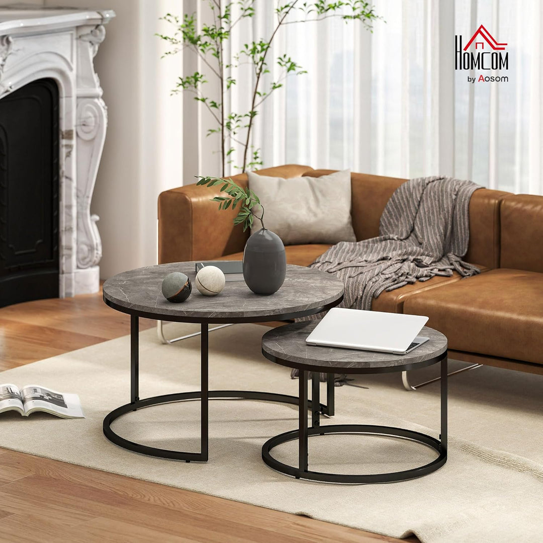 HOMCOM Couchtisch rund 2er Set Wohnzimmertisch Beistelltisch mit Metallrahmen, Satztisch mit Marmoro