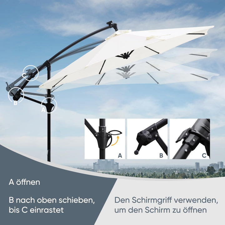 Sekey LED Solar Ampelschirm 300cm LED Sonnenschirm-Solarbetrieben - UV50+ Sonnenschutz - Robust und