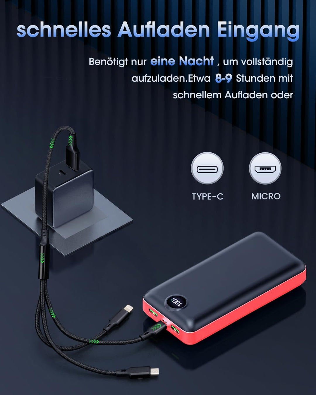 PowerBank 50000mAh grosse kapazität, Akku USB-C 22,5W schnelles Aufladen externer 3 Ausgänge und 2 E