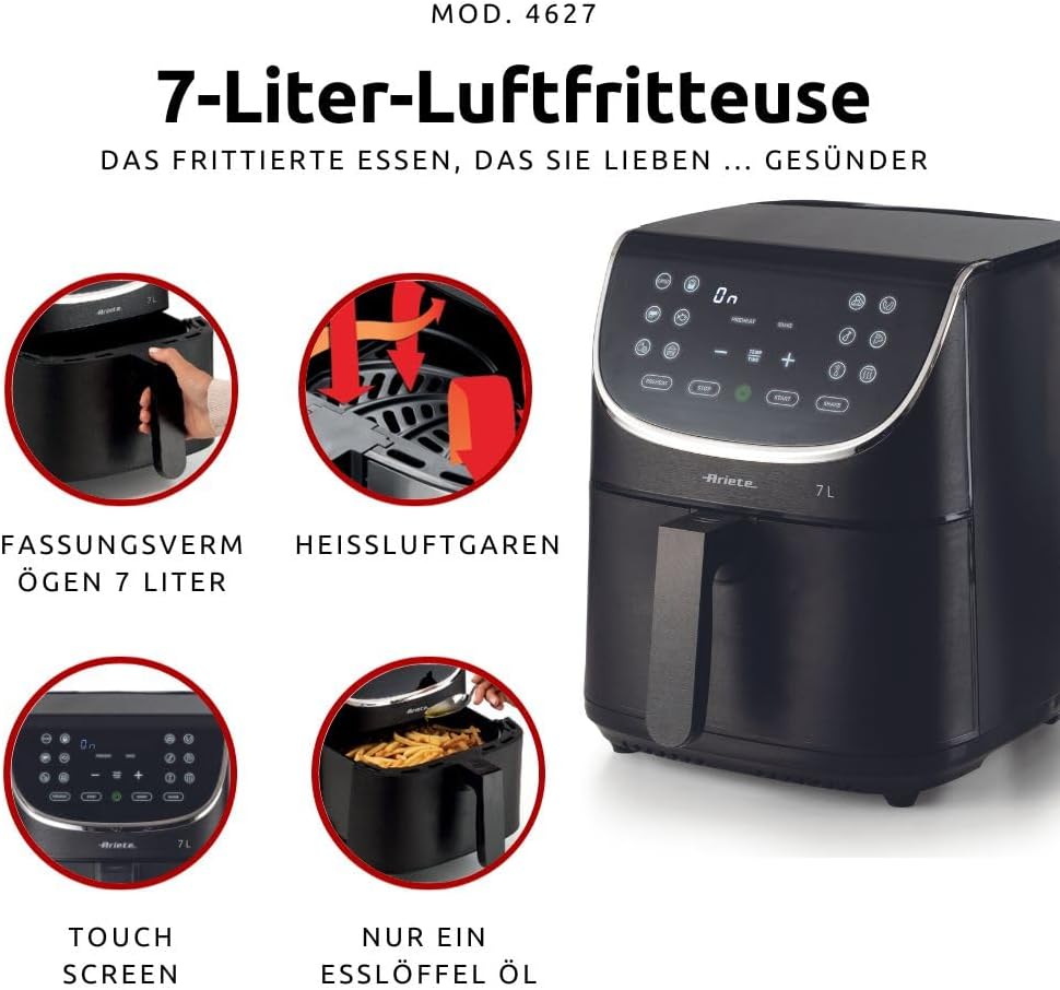 Ariete Airy Fryer 7L 4627, Heissluftfritteuse 7 Liter, 60-Minuten-Timer, LCD- und Touchscreen mit 12