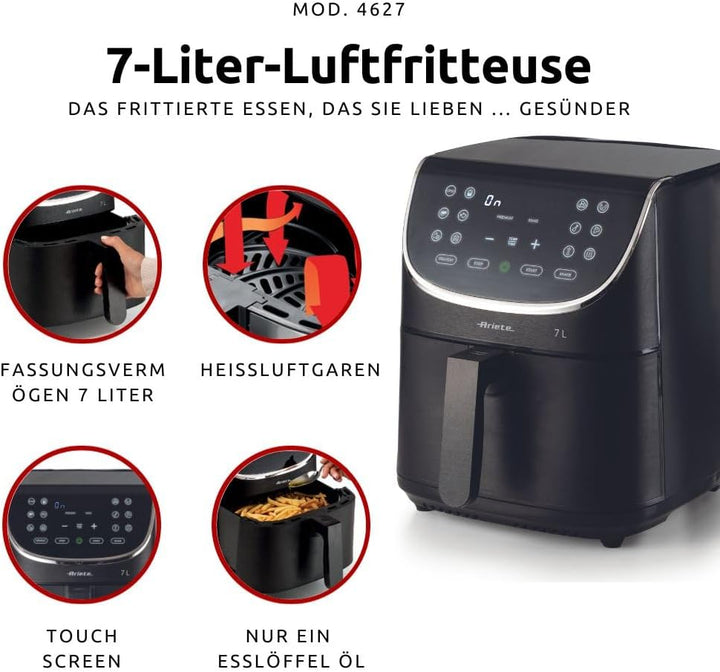 Ariete Airy Fryer 7L 4627, Heissluftfritteuse 7 Liter, 60-Minuten-Timer, LCD- und Touchscreen mit 12