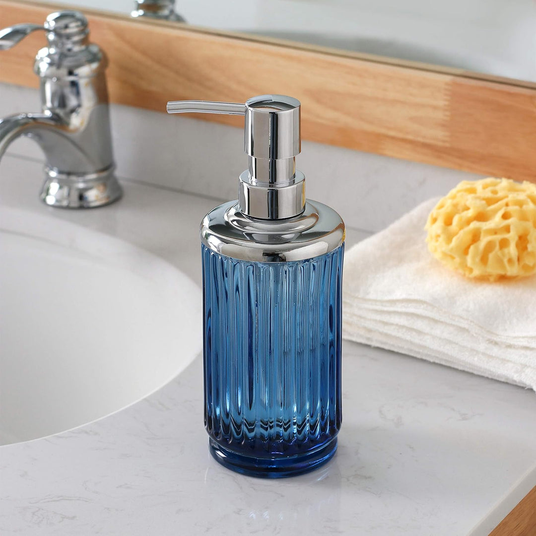 Badezimmer-Zubehör-Set aus schwerem blauem Glas mit dekorativem gepresstem Muster – inklusive Handse