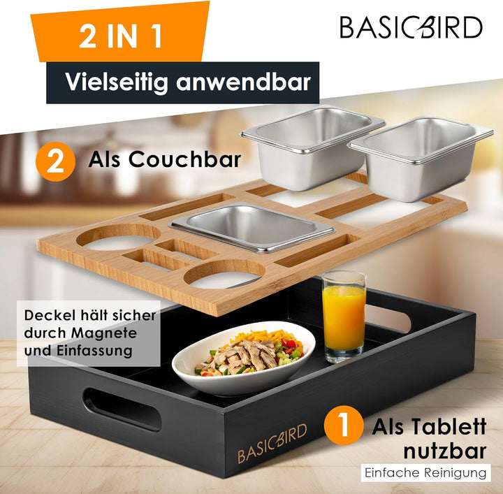 Couchbar Snackbox - Organizer Tablett- Snackspender mit 3X Snackschale - Holz Sofatablett für Sofa,