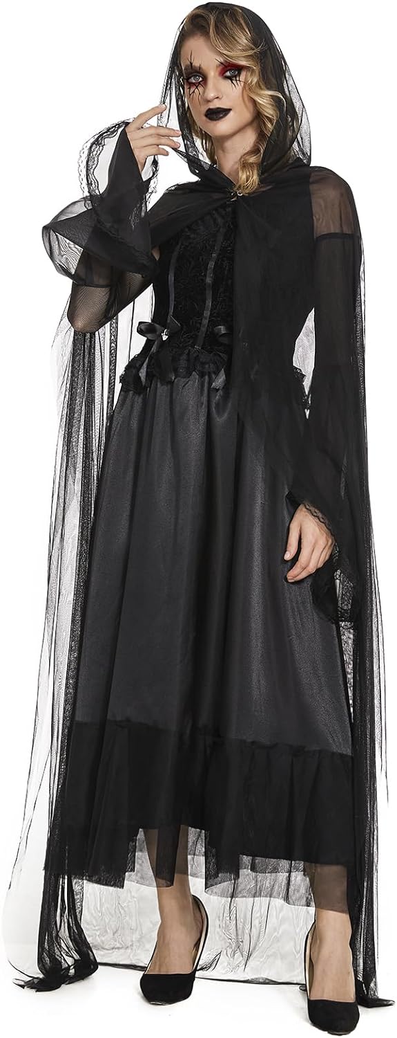 FORMIZON Fasching Kostüm Damen Schwarze Geisterbraut, Böse Königin Umhang Abendkleid, Hexen Schwarze