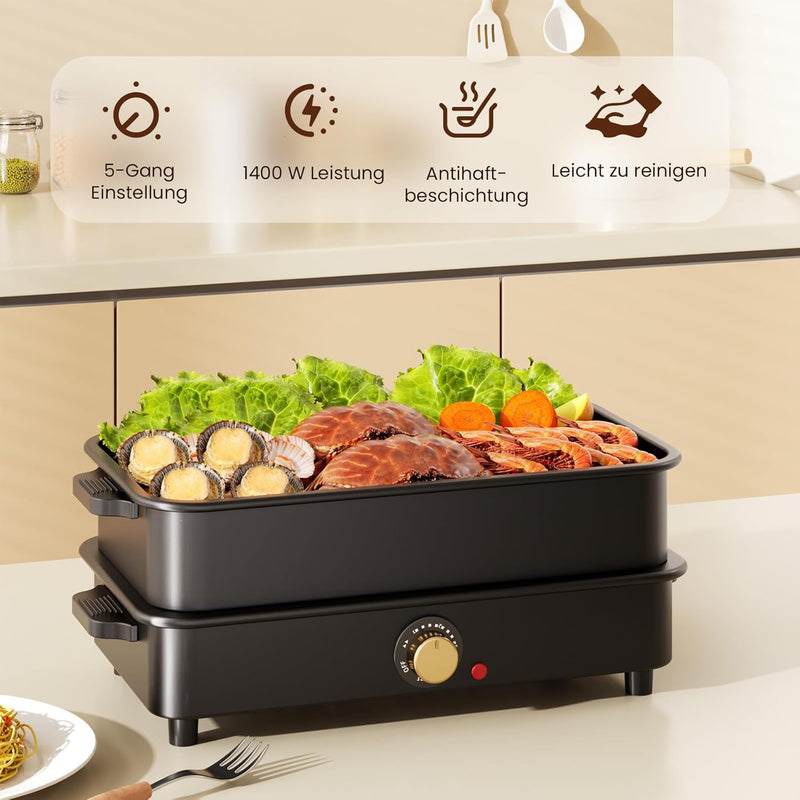 Elektrische Fertigkeit für Grill und Hotpot mit Tragetasche, 1400W,2-in-1 Multifunktionspfanne Elekt