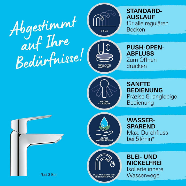 GROHE QUICKFIX Start - Einhand - Waschtischarmatur (wassersparend, inkl. 3-in-1 Montagewerkzeug, mit