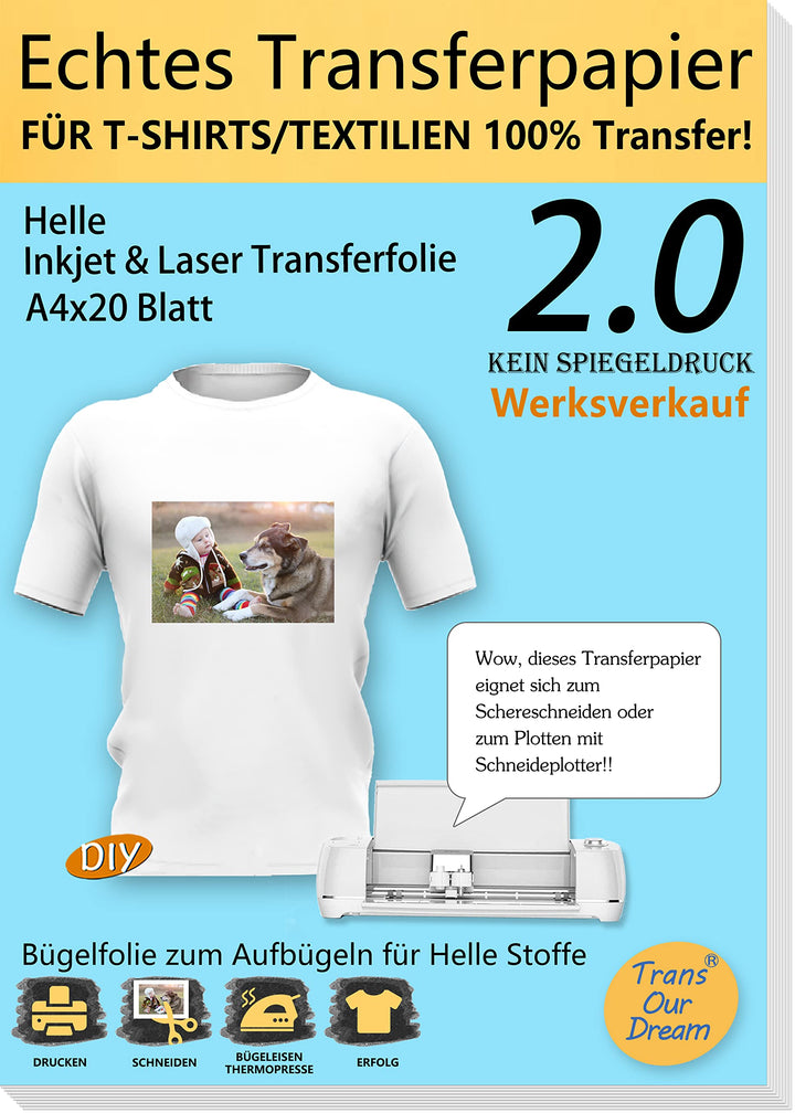 TransOurDream A4X20 Blatt+2 Silikonpapier,Echte Inkjet/Laser T-Shirt Transferpapier,Transferfolie Bü