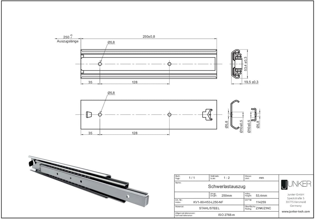 SOTECH 1 Paar Vollauszüge 114260 Höhe 53,4 mm, Länge 250 mm Schubladen Führung mit 115 Kg Tragkraft