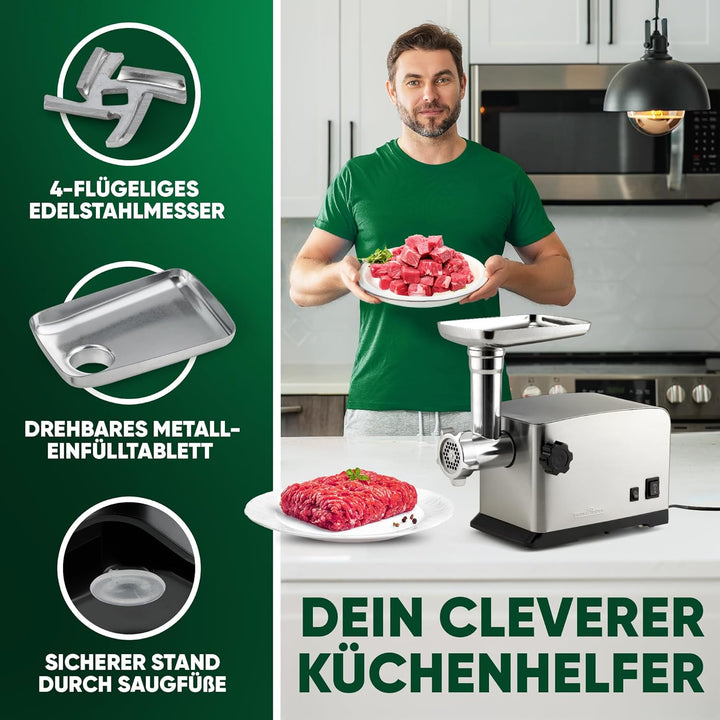 ProfiCook Fleischwolf 1200W | mit Aufsatz für Plätzchen/Spritzgebäck | Fleischwolf elektrisch | 3 Me