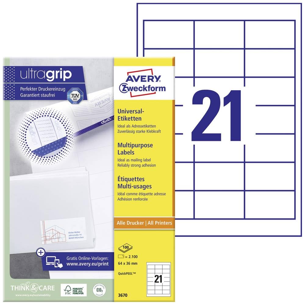 AVERY Zweckform 3670 Adressaufkleber (2.100 Klebeetiketten, 64x36mm auf A4, Papier matt, individuell