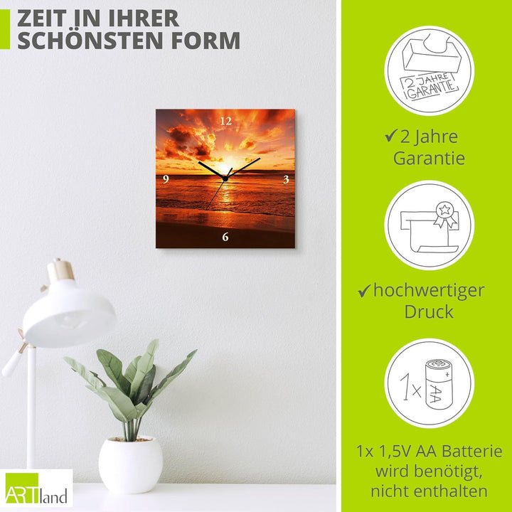 ARTLAND Wanduhr ohne Tickgeräusche Leinwand Quarzuhr 30x30 cm Quadratisch Lautlos Strand Meer Sonnen
