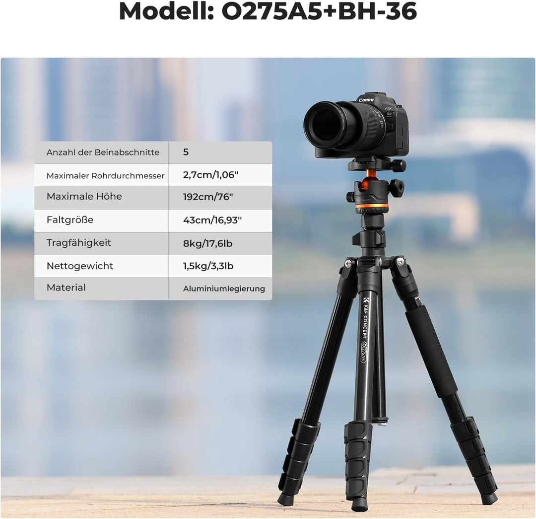 K&F Concept Kamera Stativ,192cm Stativ für Smartphone,Stativ Kamera Tripod O275A5+BH-36,Handy Stativ