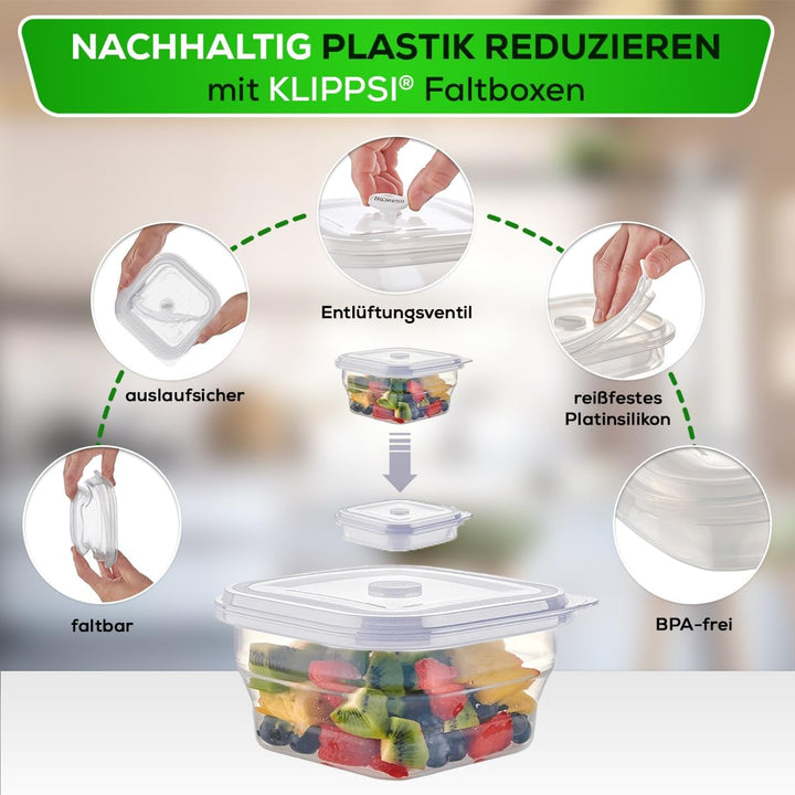 KLIPPSI® Lunchbox faltbar- Brotdosen Frischhaltedosen aus Platin Silikon hitze-kältebeständig, ausla
