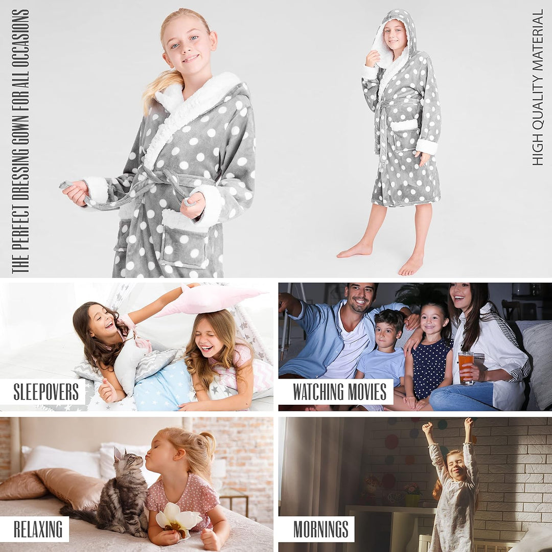 CityComfort Bademantel Kinder Mädchen, Fleece Morgenmantel Kinder Dressing Gown mit Punkten 9-10 Jah