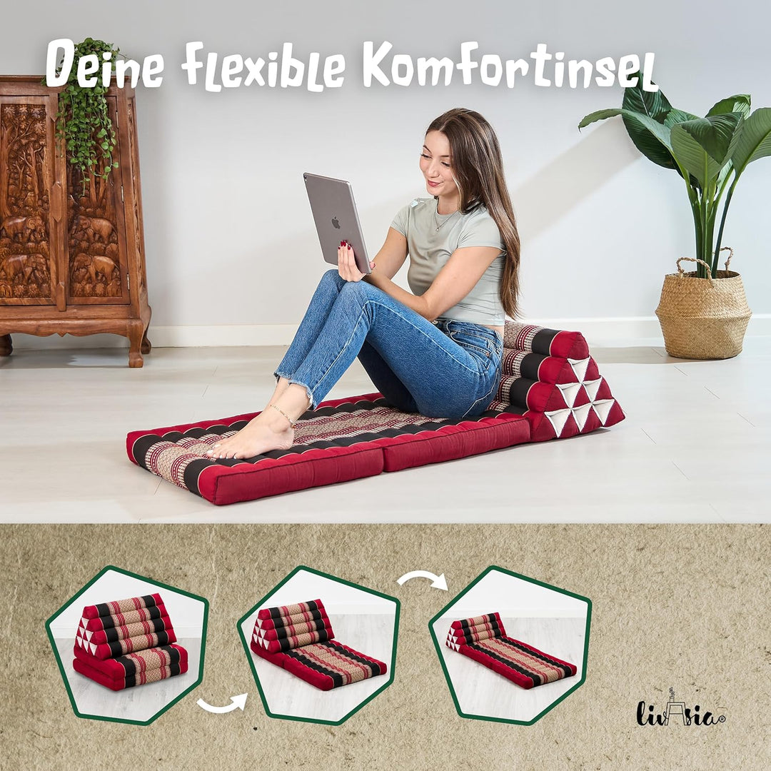 livasia Thaikissen mit 2 Auflagen, Dreieckskissen mit Sitzkissen, Keilkissen mit Kapok, Rückenkissen