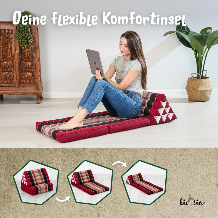 livasia Thaikissen mit 2 Auflagen, Dreieckskissen mit Sitzkissen, Keilkissen mit Kapok, Rückenkissen