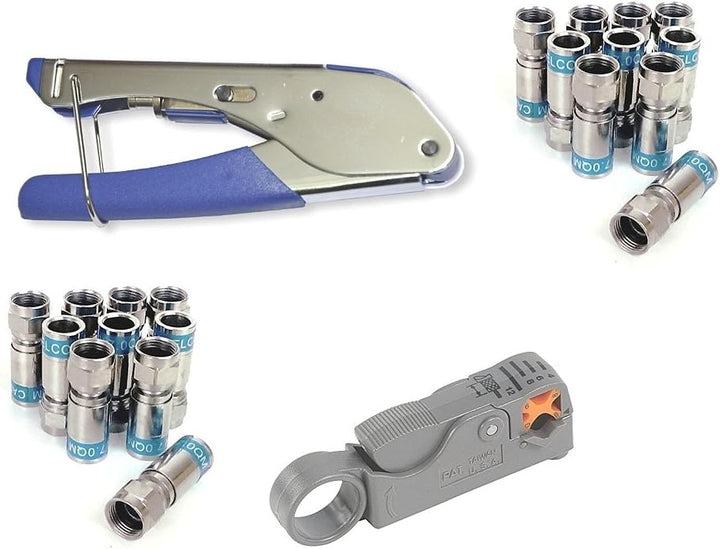 Cabelcon Set Bestehend aus Kompressionszange Pocket Tool + Cable Stripper + 20 Stück Kompressions-F-