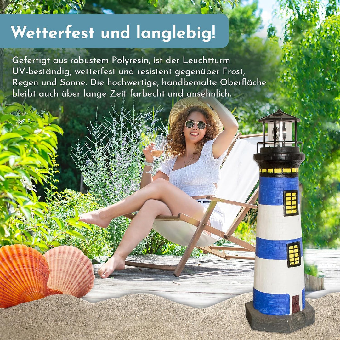 NATIV LEMODO Gartendeko Leuchtturm 83cm hoch | Handbemalte Gartenfigur mit solarbetriebenem, rotiere