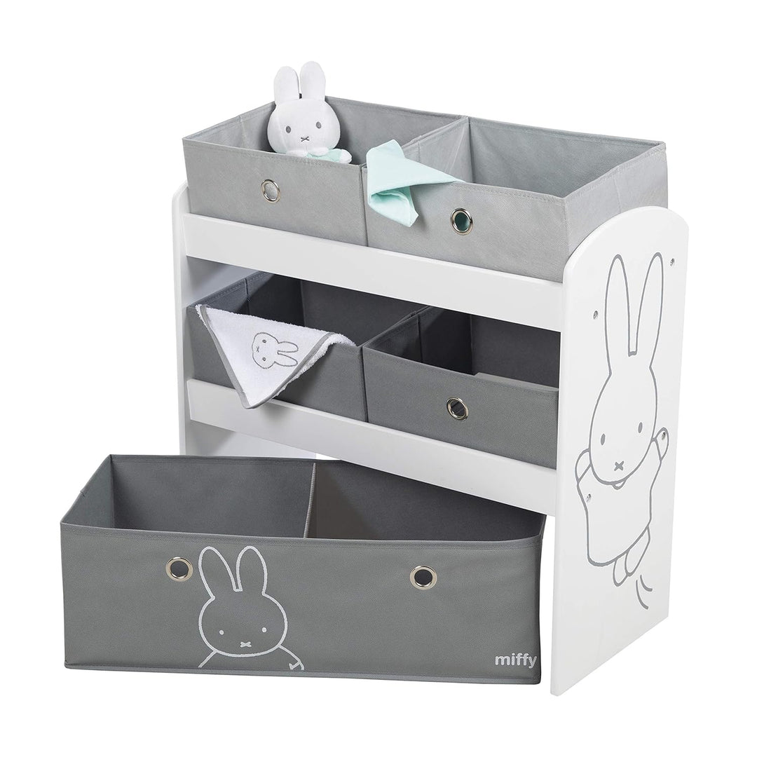 roba Spielregal miffy® - Spielzeugregal für Kinderzimmer mit 5 graue Boxen aus Stoff - Hasen Motiv -