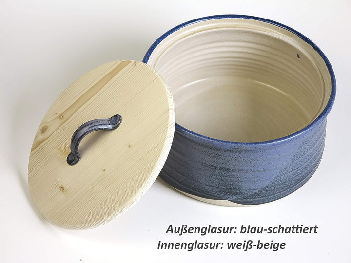 L – Brottopf für die grössere Familie, blau-schattiert. Keramik/Holz für zwei bis fünf