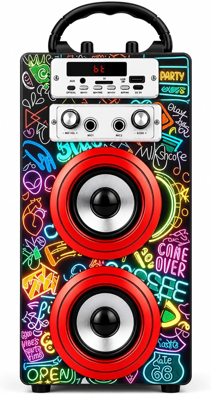 DYNASONIC Karaoke mit 2 Mikrofonen, tragbarer Karaoke-Maschine, Bluetooth-Lautsprecher, USB- und SD-