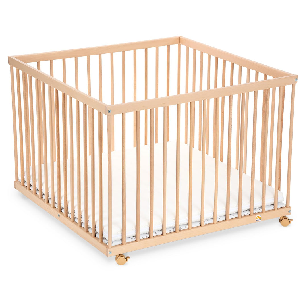 FabiMax Baby Laufgitter 100x100, stufenlos höhenverstellbar, mit Schlupfsprossen, Laufstall aus mass