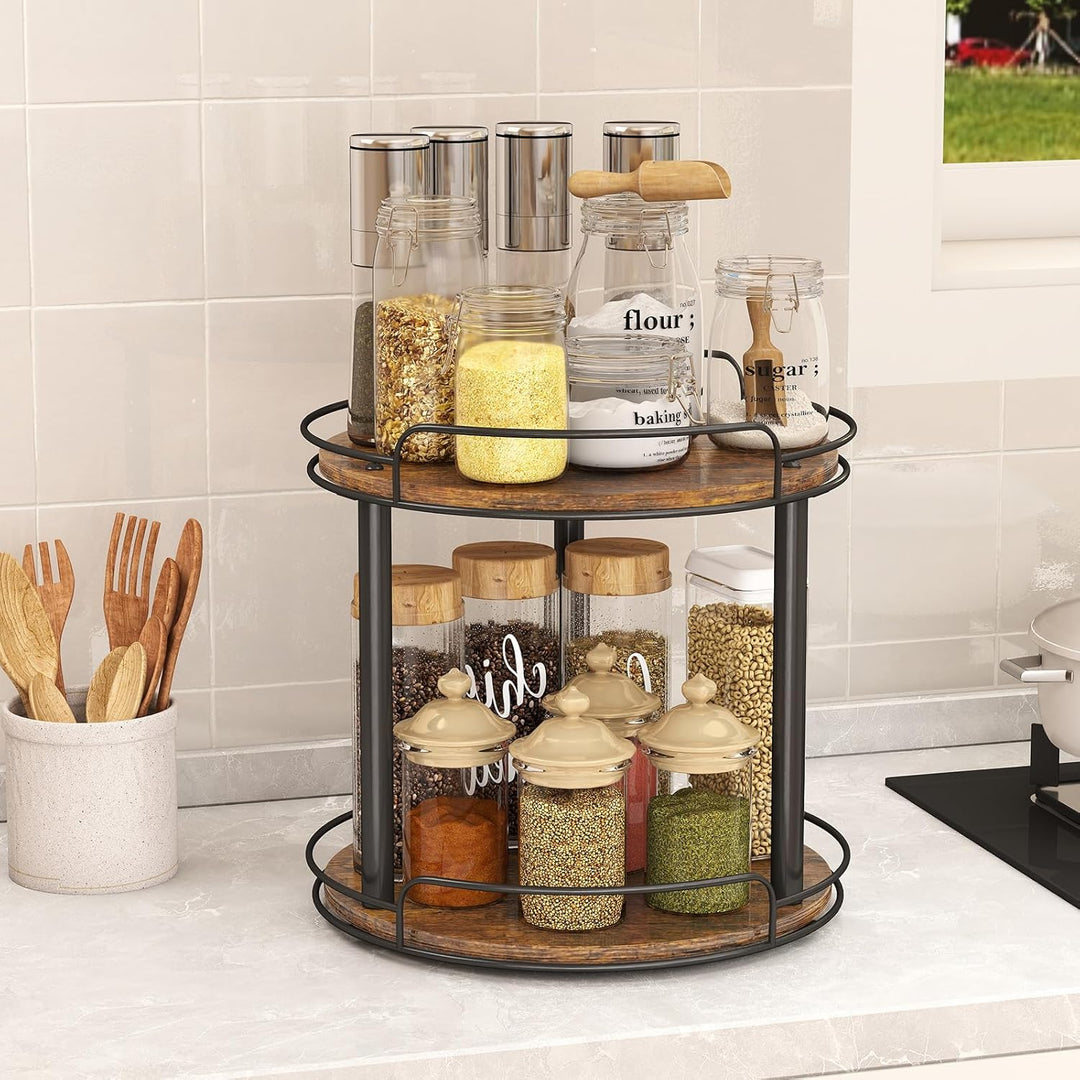 LAMU Lazy Susan Drehteller-Organizer aus Holz für Schrank, 2 Etagen, Lazy Susan Gewürzregal für Küch