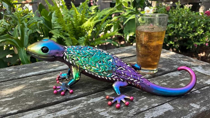 KAMACA XL Metall Gecko Wanddeko 62 cm – Grosse Gartenfigur Echse aus Metall, Garten Deko & Wanddeko