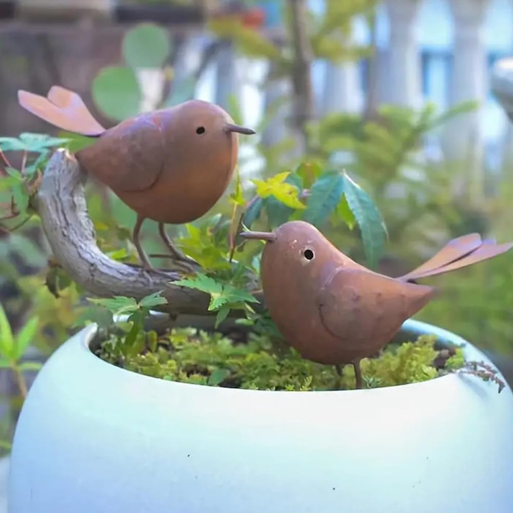 2 Stück Gartendeko Metall Deko Vögel, Outdoor und Garten Vintage Singvogel Figuren Gartenstecker Ros