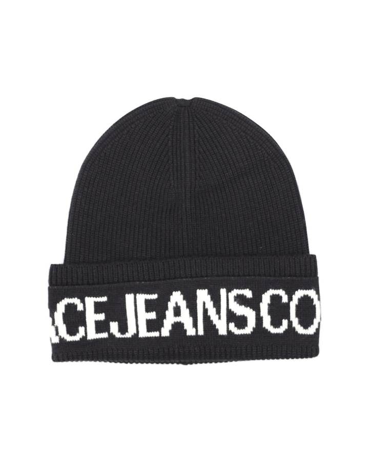 VERSACE JEANS COUTURE Big Beanie-Mütze, Logoumschlag, Schwarz-Weiss