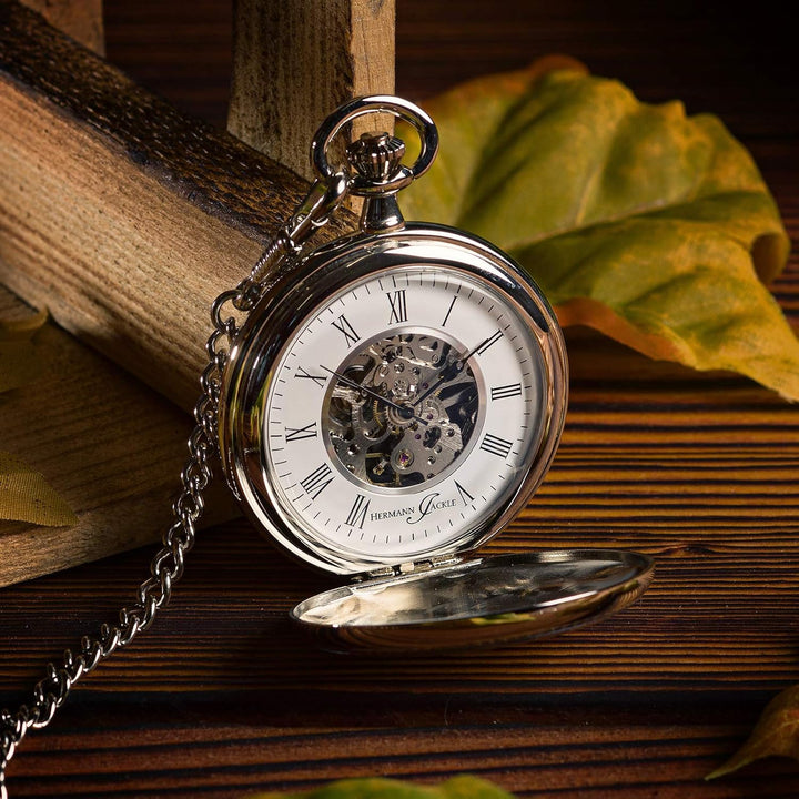 Hermann Jäckle Stilvolle Klassische Taschenuhr Bayreuth mit Handaufzug Skelettwerk Qualitätshandwerk