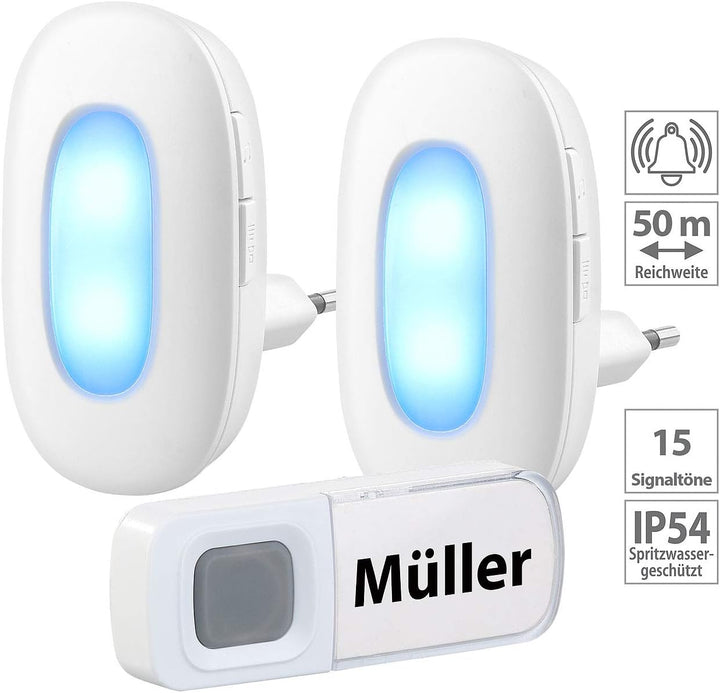 Klingel mit Lichtsignal: Steckdosen-Funk-Klingel mit optischem Signal &amp; zweitem Empfänger, IP54 (Tür