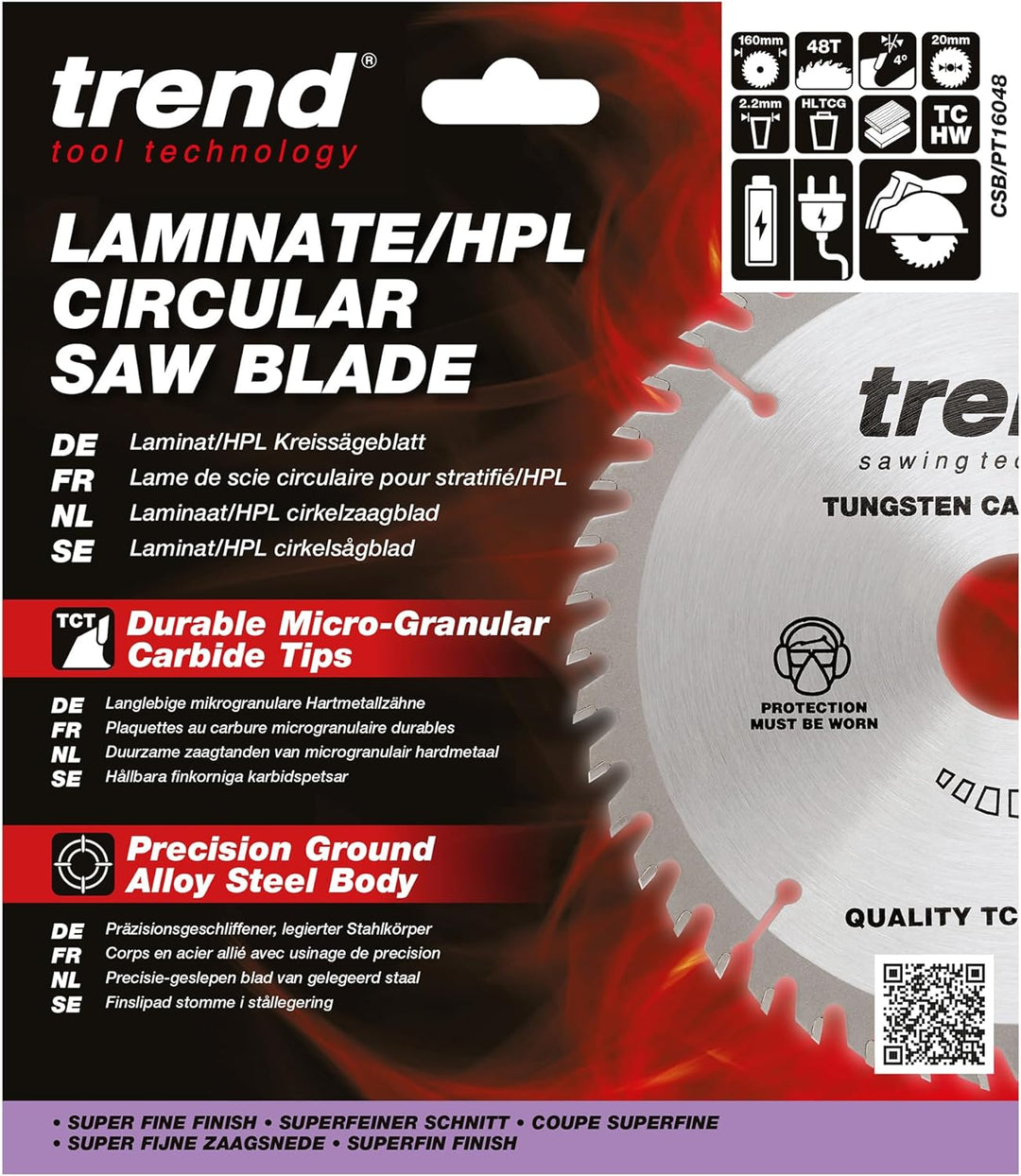 Trend Laminat & HPL Kreissägeblatt, 160mm Durchmesser, 20mm Bohrung, 48 Zähne, HW, 2,2mm Schnittbrei