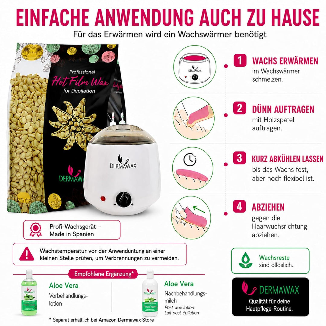 Dermawax 1 kg Wachsperlen für empfindliche Haut Heisswachs Anwendung ohne Wachsstreifen zur professi