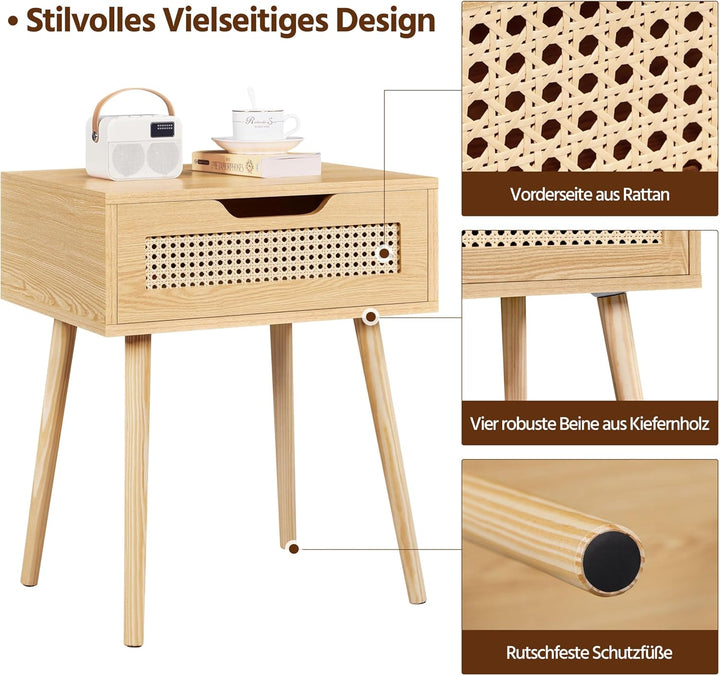 Yaheetech Nachttisch Rattan Beistelltisch Nachtkommode mit 1 Schublade Holzbeine Sofatisch Nachtschr