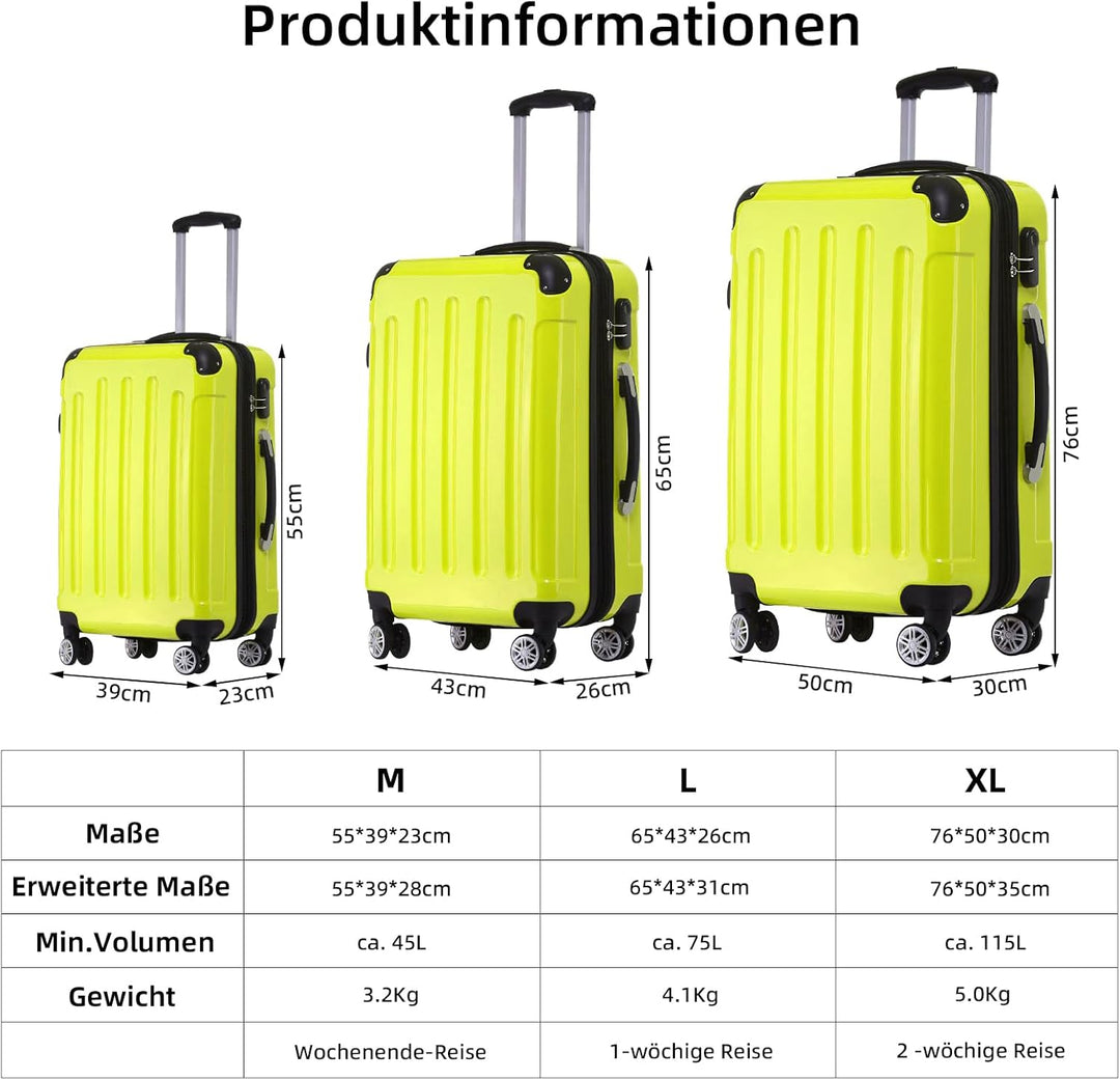 BEIBYE- 3er Kofferset Hartschalen-Koffer Reisekoffer Trolley Rollkoffer Set Reisekofferset