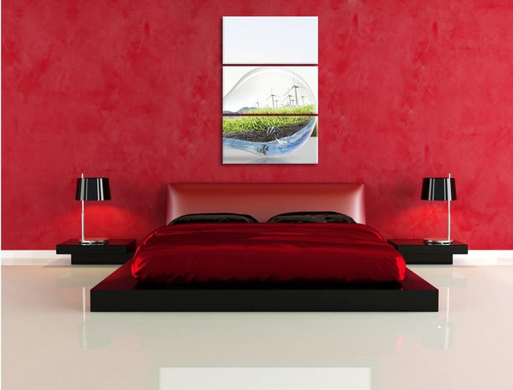 Pixxprint Glühbirne mit Pandabären und Ozean mit Leuchtturm 3-Teiler Leinwandbild 120x80 Bild auf Le