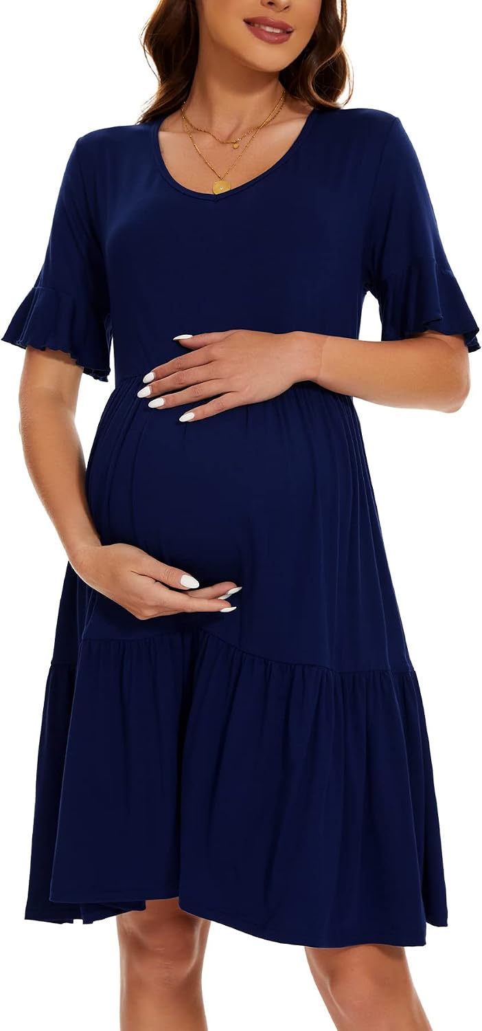 Smallshow Damen Umstandskleid Kurzarm Sommer Schwangerschafts Umstandsmode Kleid L Marine, L Marine