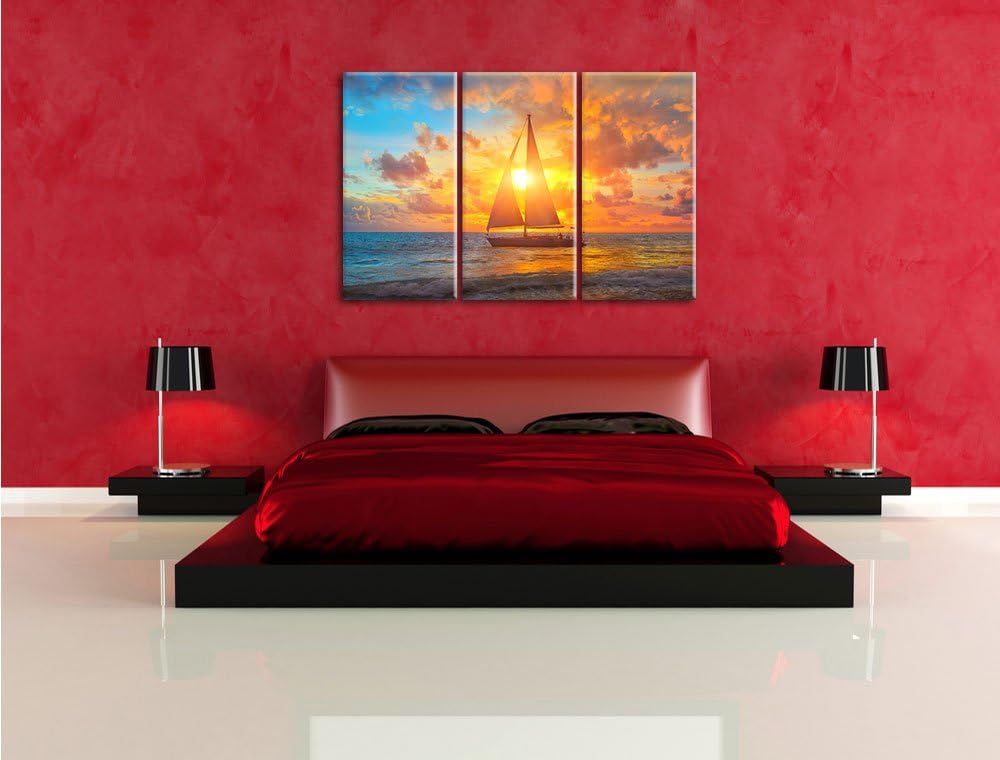Pixxprint Segelboot nahgelegen der Küste als Leinwandbild/Grösse: 3 Teilig (120x80) / Wandbild/Kunst