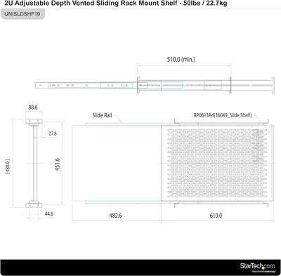 StarTech.com 2 HE Schiebefachboden für Server Rack Montage - Einstellbare Einbautiefe von 51 bis 74