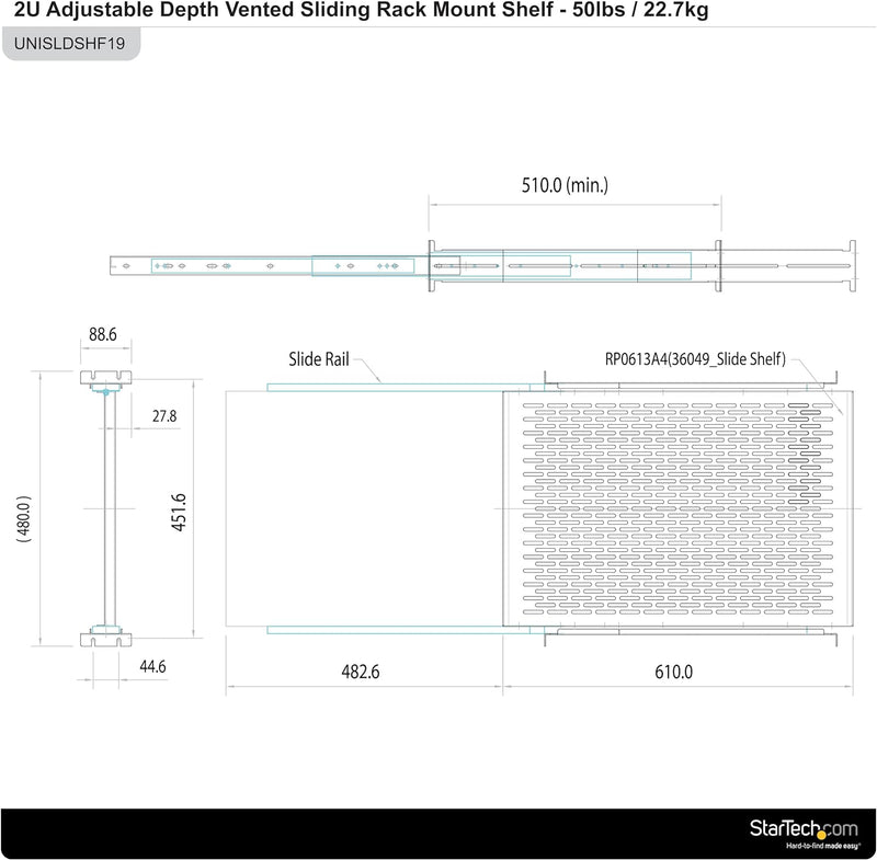 StarTech.com 2 HE Schiebefachboden für Server Rack Montage - Einstellbare Einbautiefe von 51 bis 74