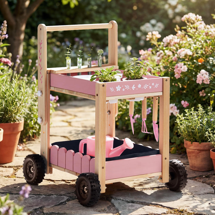 ROBOTIME Holz Gartenwagen für Kinder, Outdoor Garten-Trolley mit 4 Pflanzbechern & 4 Hydroponik-Reag